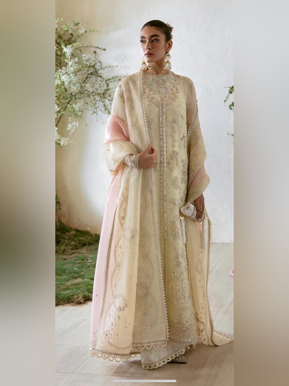 Elegant Long Sleeve Embroidered Maxi Dress in Pale Cream & Blush